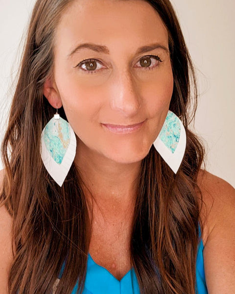 Turquoise and Gold Swirls over White Fringe Feather Earrings