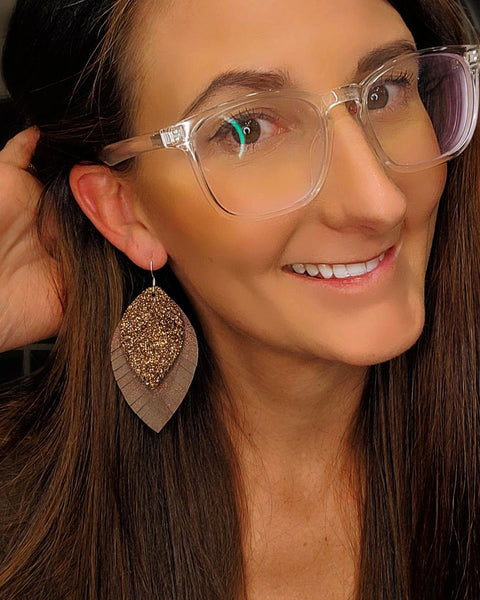 Brown Layered Glitter Fringe Leaf Earrings