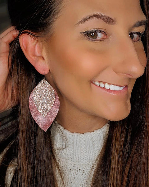 Shimmer Mauve and Champagne Glitter Fringe Leaf Earrings