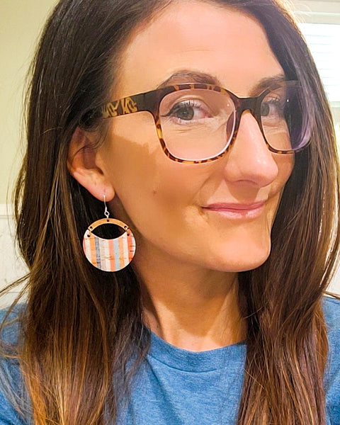 Giovanni Stripes Leather Backed Cork and Wood Earrings
