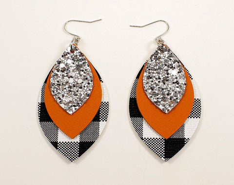 Silver Glitter, Pumpkin Orange & Plaid Earrings