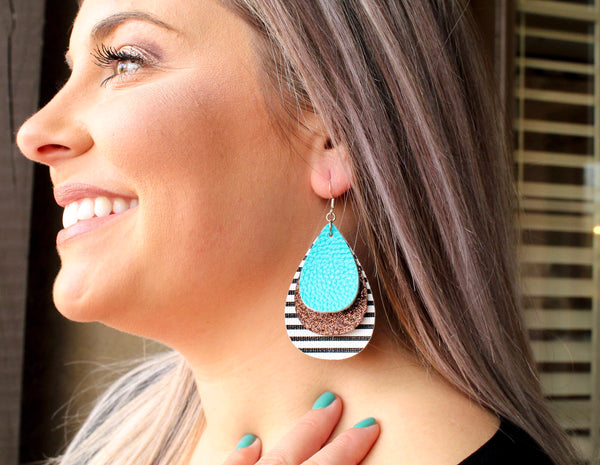 Aqua, Chocolate Shimmer & Stripes Teardrop Earrings