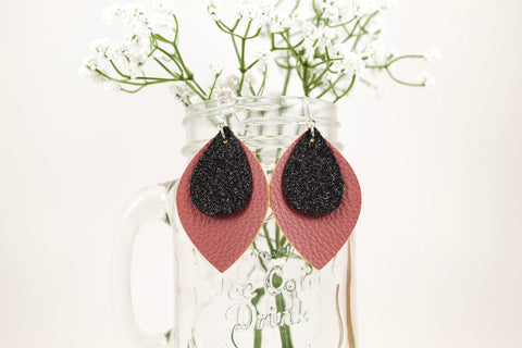 Mauve & Black Shimmer Oval Leaf Earrings