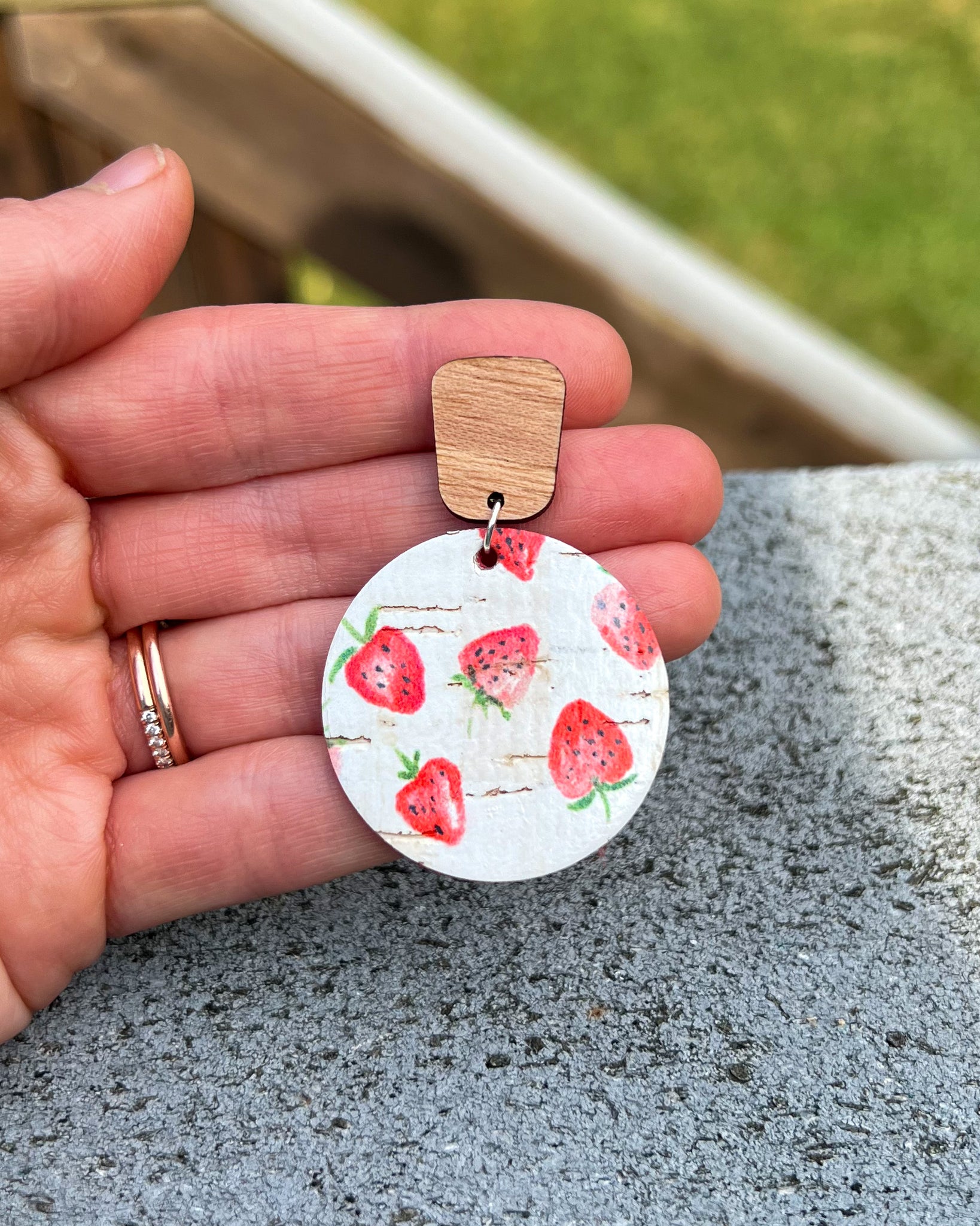 Strawberry Genuine Leather Backed Cork and Wood Disc Earrings