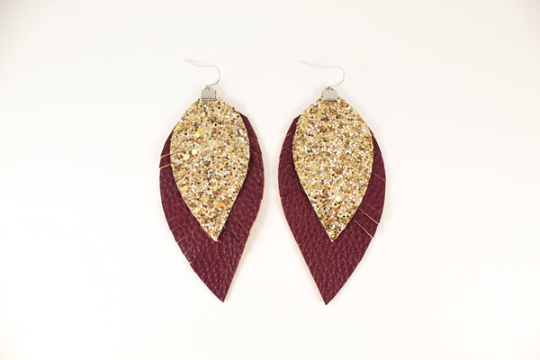 Maroon & Gold Glitter Fringe Feather Earrings