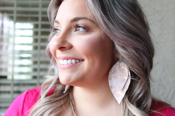 Rose Gold Marbled Layered Fringe Feather Earrings