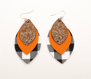 Druzy Brown, Pumpkin Orange & Plaid Leaf Earrings