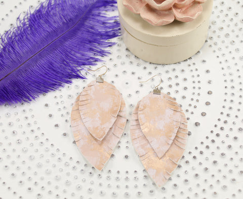 Rose Gold Marbled Layered Fringe Feather Earrings