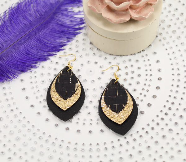 Black Cork, Crackle Gold & Black Layered Earrings
